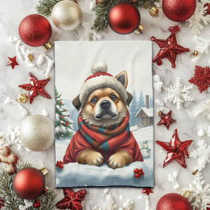 Cool Dog in Preppy Winter Attire and Hat Winter Kitchen Towel