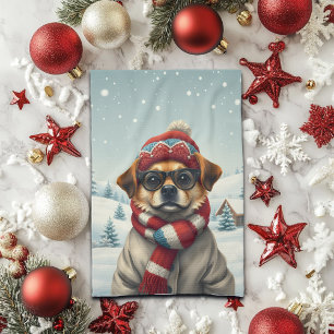 Cool Dog in Preppy Winter Attire and Hat Winter Kitchen Towel