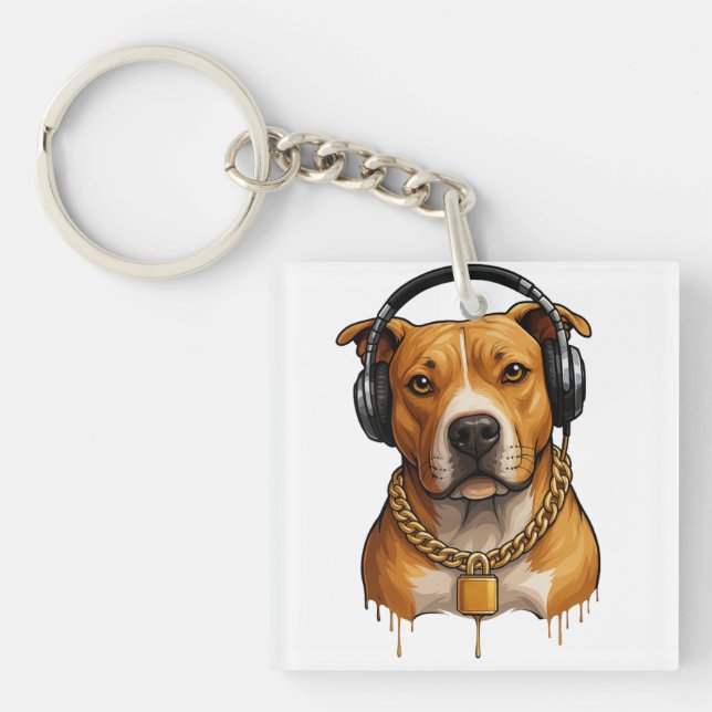 Cool Dog with Headphones and Gold Chain – Urban St Keychain (Front)