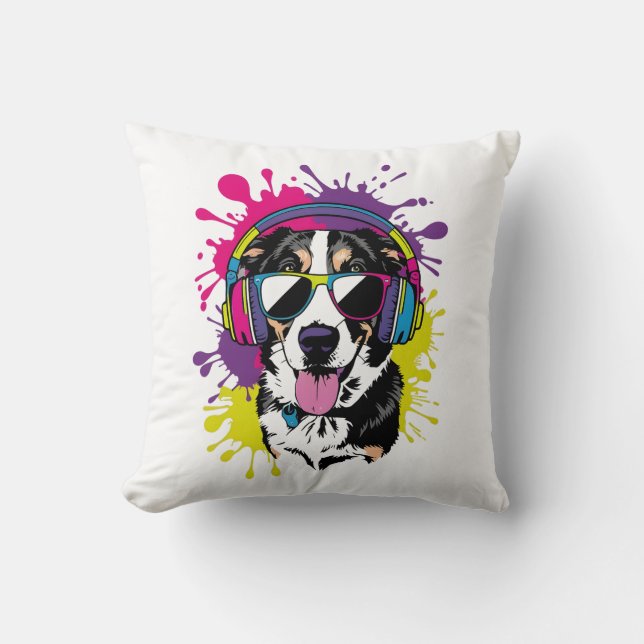 Cool Dog with Headphones Pop Art Design Throw Pillow (Front)