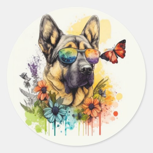 cool dog with sunglasses and flowers classic round sticker