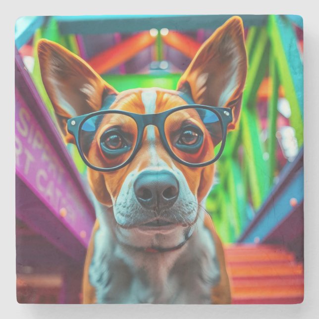Cool Dog with Sunglasses Stone Coaster (Front)