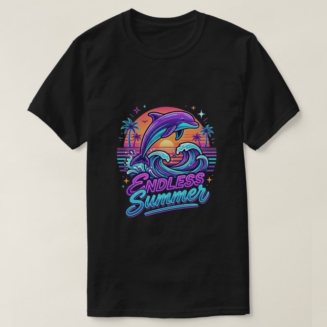 Cool Dolphin Beach Endless Summer Retro Neon T-Shirt (Design Front)