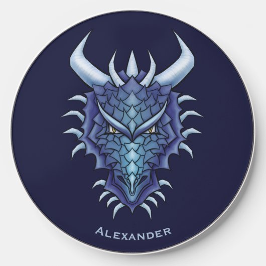 Cool Dragon Head Blue Fantasy DND Name Wireless Charger (Front)