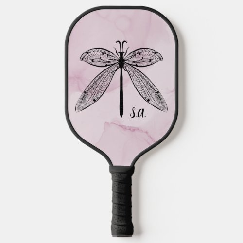 Cool Dragonfly Cottagecore Pink Monogram Pickleball Paddle