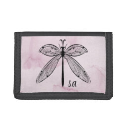 Cool Dragonfly Cottagecore Pink Monogram Trifold Wallet