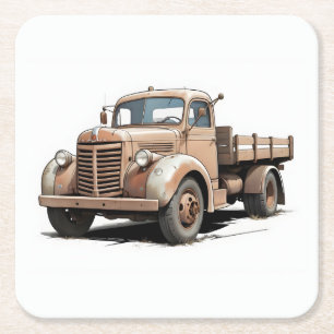 Cool Drawing of an Old Brown Flatbed/Pickup Truck Square Paper Coaster