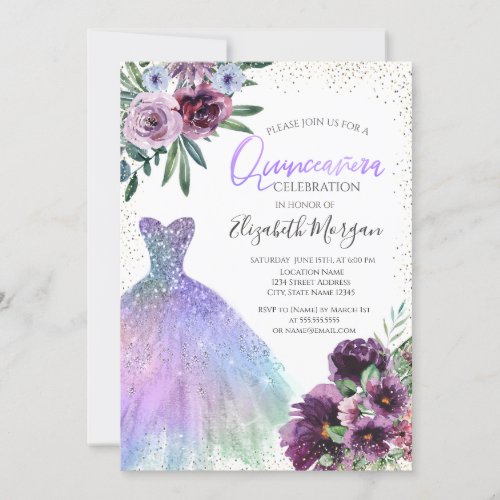 Cool DressConfetti Violet Flowers Quinceaera  Invitation