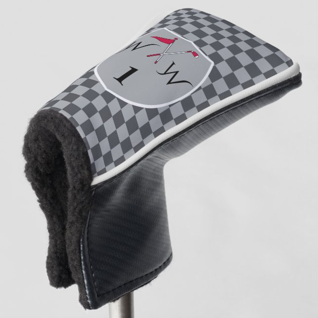 Cool Dual Gray Checkered Monogram  Golf Head Cover (3/4 Front)