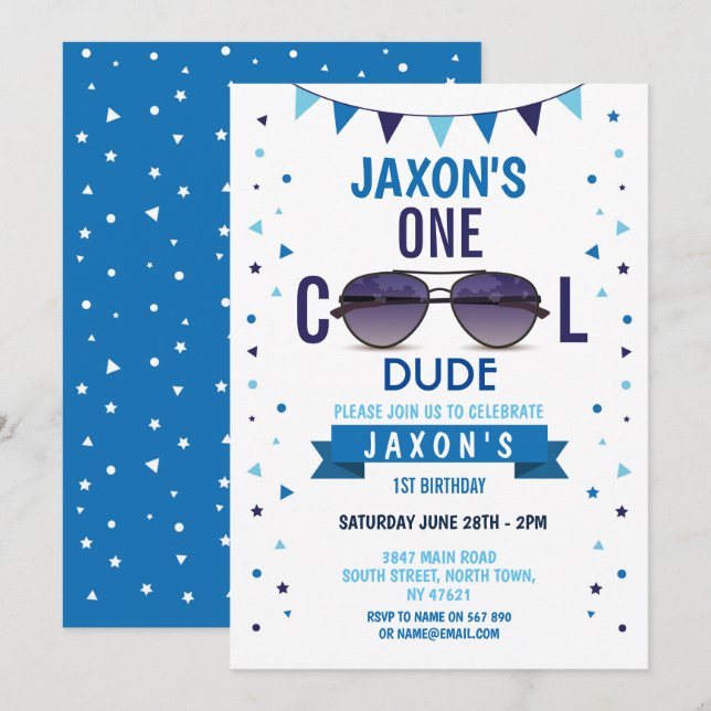 Cool Dude 1st Birthday Sunglasses Summer Boys Invitation (Front/Back)