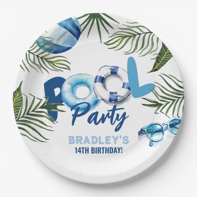 Cool Dude Pool Party Boy Birthday  Paper Plates (Front)