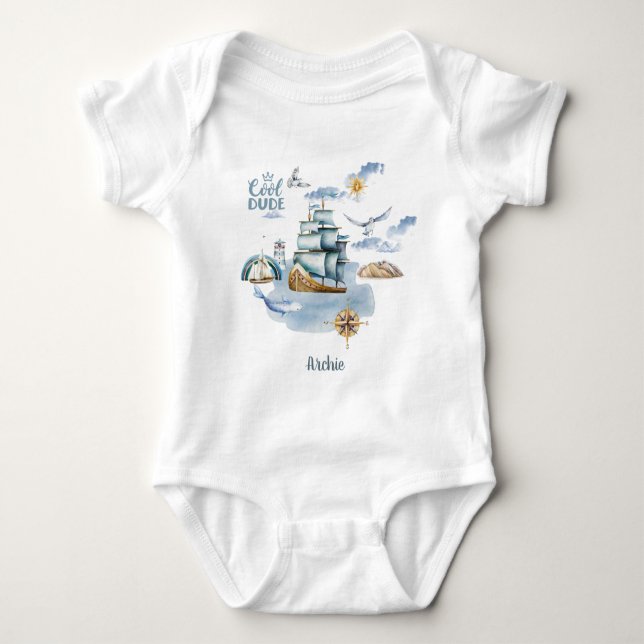 Cool Dude Ship in the Ocean Customizable  Baby Bodysuit (Front)