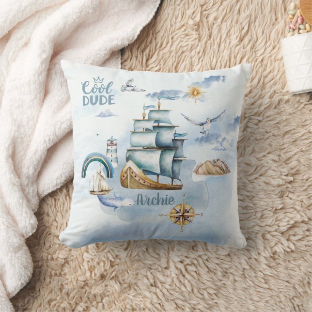 Cool Dude Ship in the Ocean Customizable  Throw Pillow (Blanket)