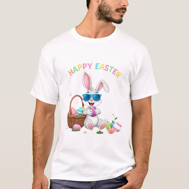 Cool Easter Bunny Dabbing with Colorful Eggs T-Shirt (Front)