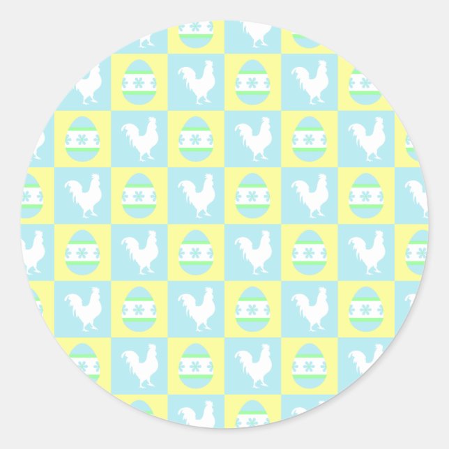 Cool Easter Checkerboard Pattern Rooster Eggs Classic Round Sticker (Front)