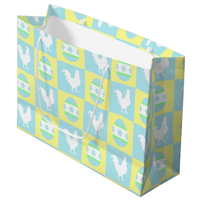 Cool Easter Checkerboard Pattern Rooster Eggs Large Gift Bag (Front Angled)
