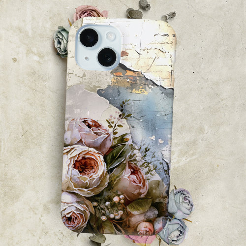 Cool Edgy Shabby Vintage Roses on Torn Paper iPhone 15 Case