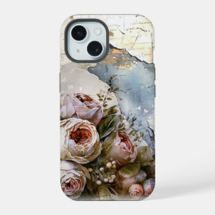 Cool Edgy Shabby Vintage Roses on Torn Paper iPhone 15 Case