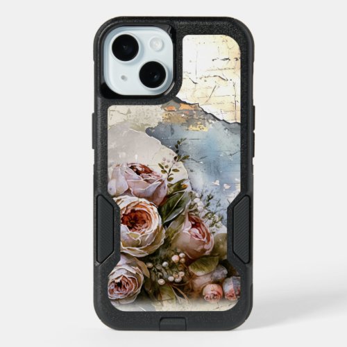 Cool Edgy Shabby Vintage Roses on Torn Paper iPhone 15 Case
