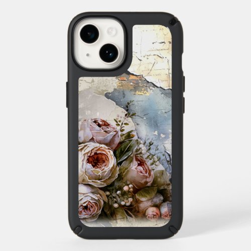 Cool Edgy Shabby Vintage Roses on Torn Paper Speck iPhone 14 Case
