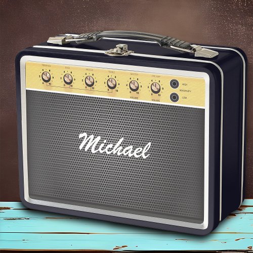 Cool Electric Guitar Vintage Amp Musicians Name Metal Lunch Box