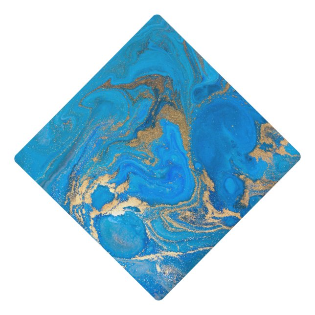 Cool Elegant Blue Gold Marble Graduation Cap Topper (Front)