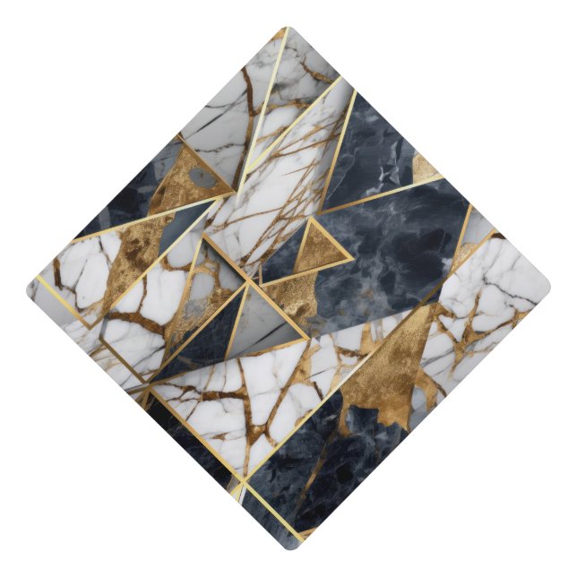 Cool Elegant Gold Black Geometric Marble  Graduation Cap Topper (Front)