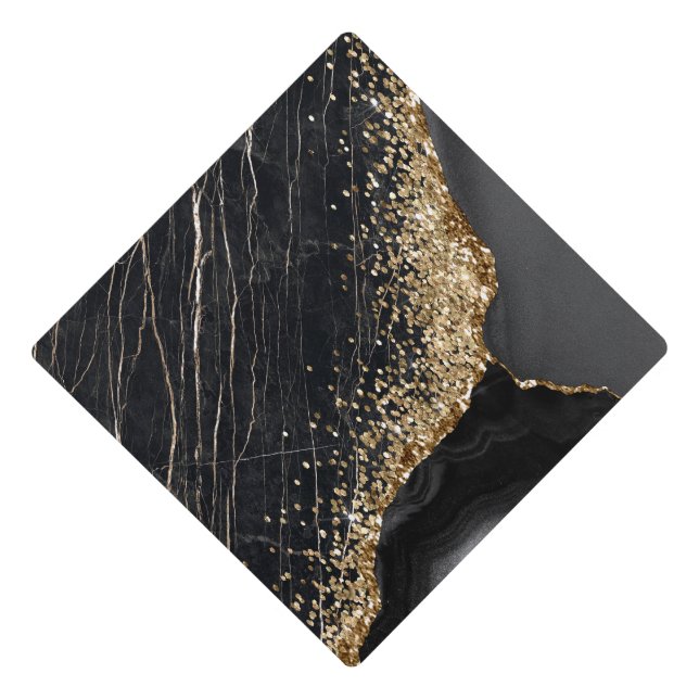 Cool Elegant Gold Sequins Black Marble  Graduation Cap Topper (Front)