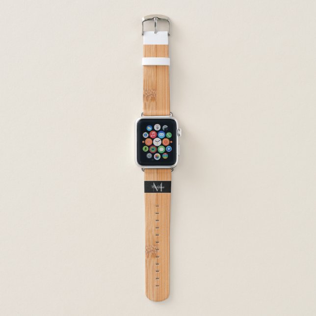 Cool elegant light brown bamboo wood Monogram Apple Watch Band (Front)