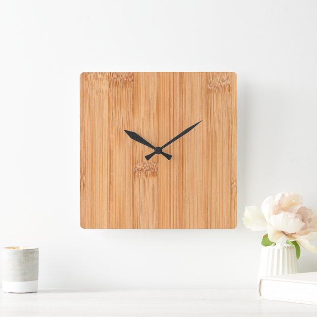 Cool elegant light brown bamboo wood print square wall clock (Home)