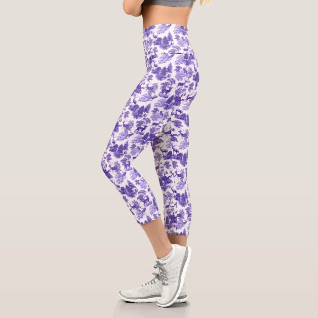 Cool Elegant Periwinkle Blue Deer French Toile Capri Leggings (Left)