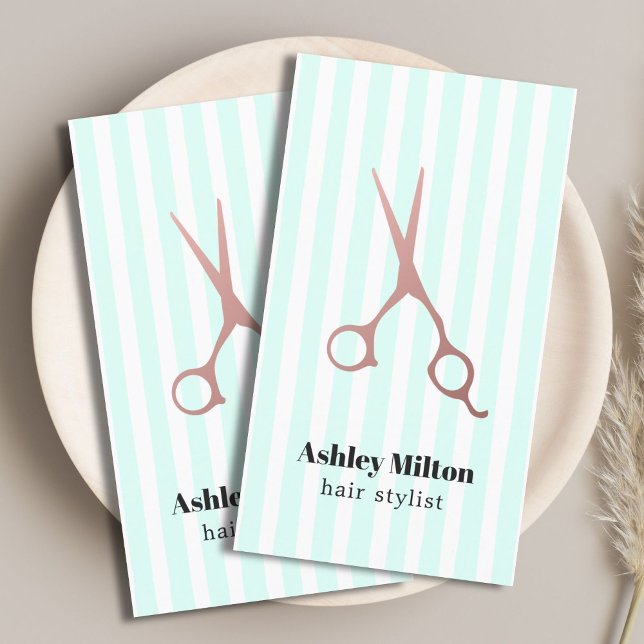 Cool Elegant Rose Gold Scissors Blue White Stripes Business Card (Creator Uploaded)