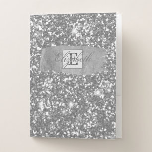 Cool Elegant Silver Glitter ,Brush Stroke,Monogram Pocket Folder