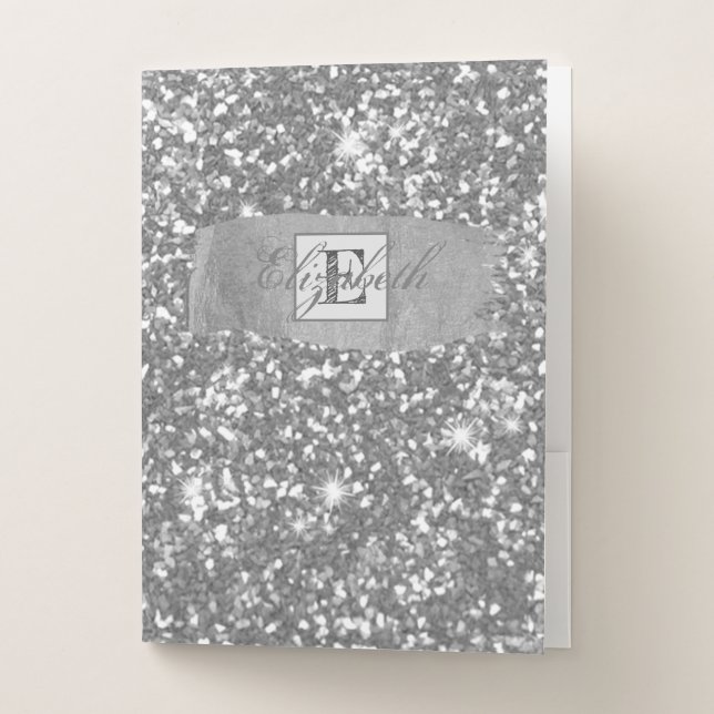 Cool Elegant Silver Glitter ,Brush Stroke,Monogram Pocket Folder (Front)