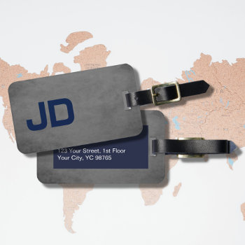 Cool Elegant Texture Grey Blue Monogram Luggage Tag by Weaselgift at Zazzle