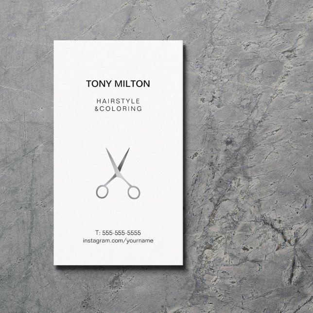 Cool Elegant White Faux Silver Scissors Hair Business Card (Creator Uploaded)