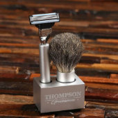 Cool Engraved Stand with Shaving Brush and Razor (Front)
