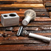 Cool Engraved Stand with Shaving Brush and Razor (Front)