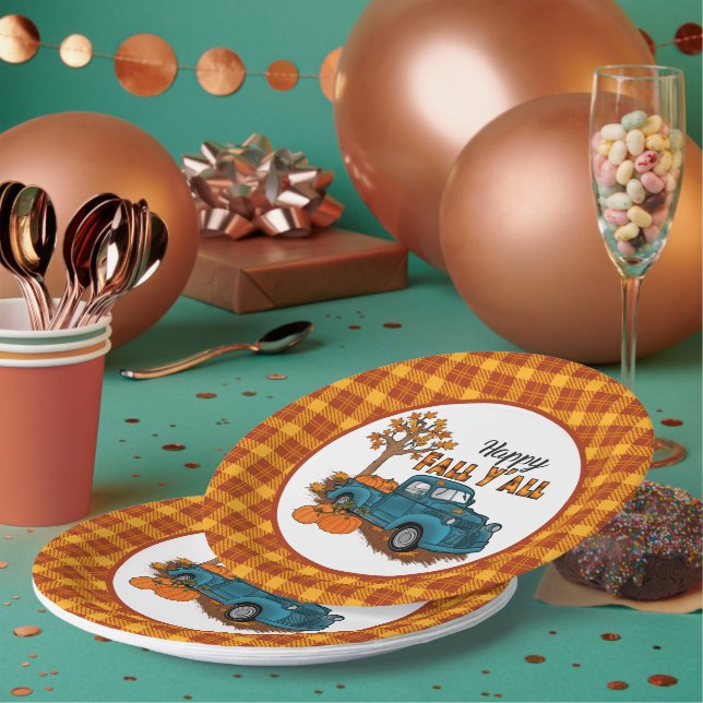 cool Fall plaid Seasonal truck party Paper Plates (Multi)