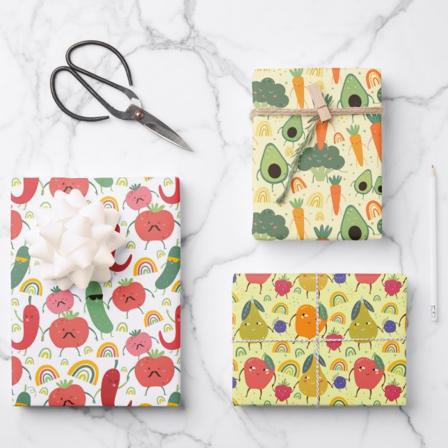 cool farm fruits and vegetables pattern tiled wrapping paper sheets (Front)