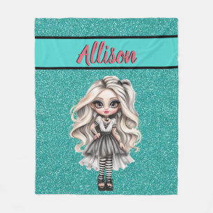 Cool Fashion Girl Turquoise Glitter Personalized Fleece Blanket