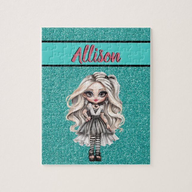 Cool Fashion Girl Turquoise Glitter Personalized Jigsaw Puzzle (Vertical)