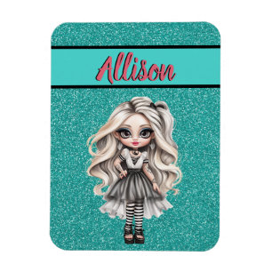 Cool Fashion Girl Turquoise Glitter Personalized Magnet
