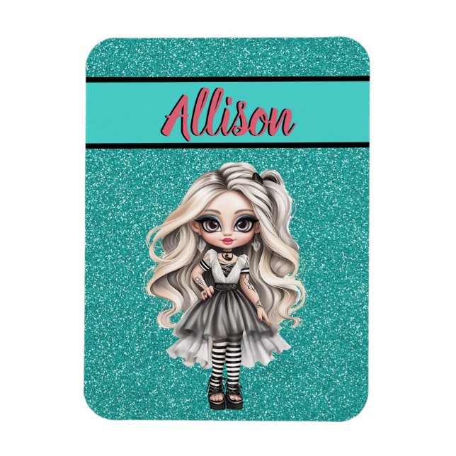 Cool Fashion Girl Turquoise Glitter Personalized Magnet (Vertical)