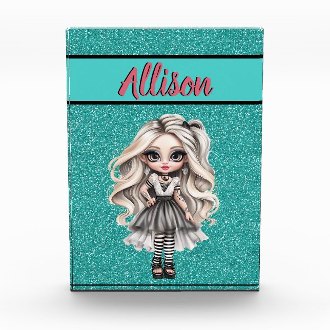 Cool Fashion Girl Turquoise Glitter Personalized Photo Block (Front)