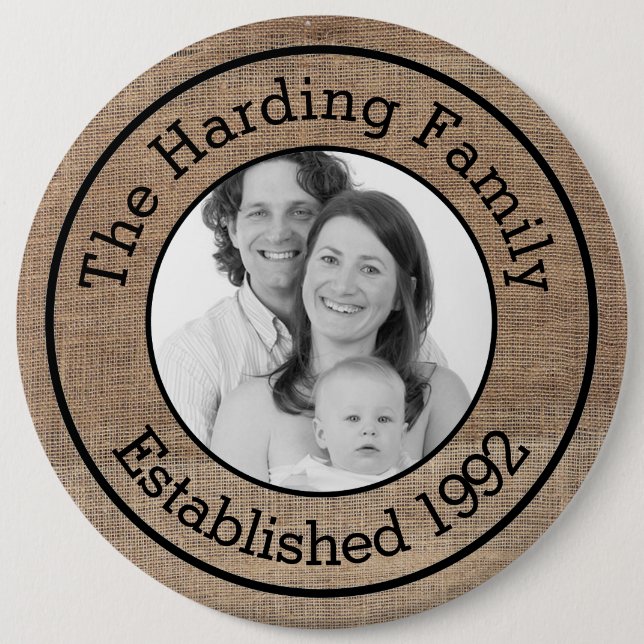 Cool Faux Burlap Customized Family Photo Button (Front)