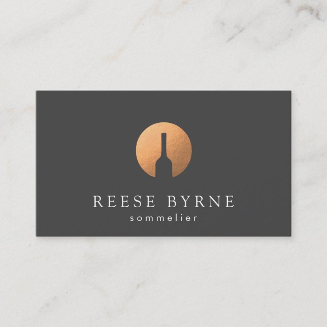 Cool Faux Copper Wine Bottle Logo Sommelier Gray Business Card (Front)