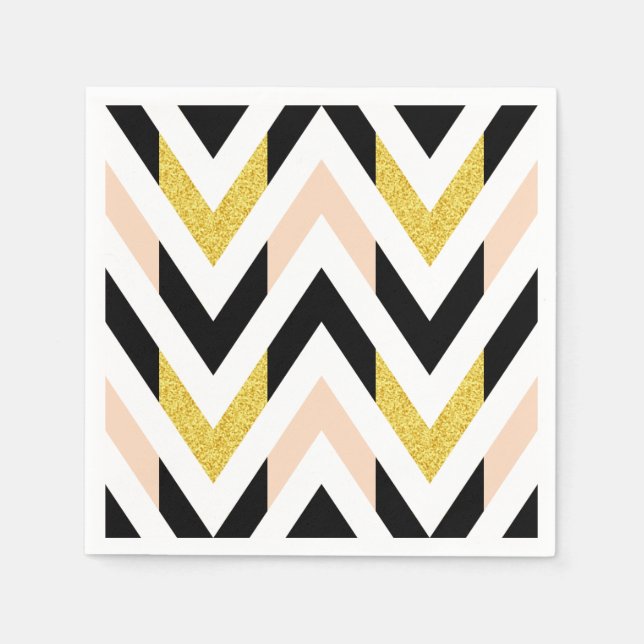 Cool Faux Glitter Gold, Black, Peach Pink Chevron Paper Napkins (Front)