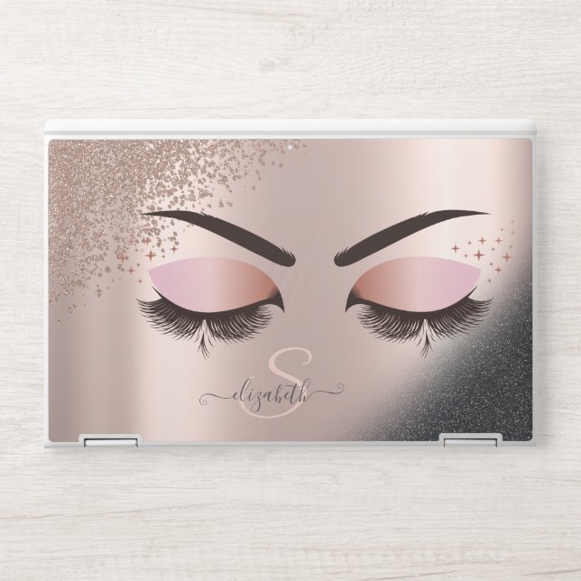 Cool Faux Lashes Black Glitter Diamonds Rose Gold HP Laptop Skin (Front)