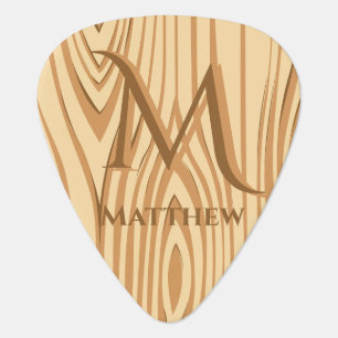 Cool Faux Stained Brown Wood Monogram Name Custom  Guitar Pick